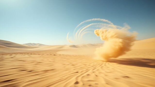 superego. Desert shooting range with spiral dust patterns in sandy tones and motion blur. event key visuals, club posters, designed for fitness apps and gym onboarding, used by sports marketers.