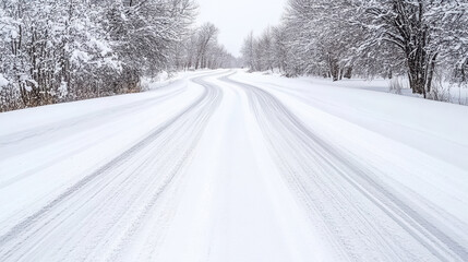 Obraz premium Snowy road winding through winter landscape, surrounded by trees covered snow, evokes