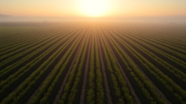 sedition. Early morning farmland with straight furrows under misty golden light. travel magazines, destination branding, designed for travel destination branding, used by ngo communicators.