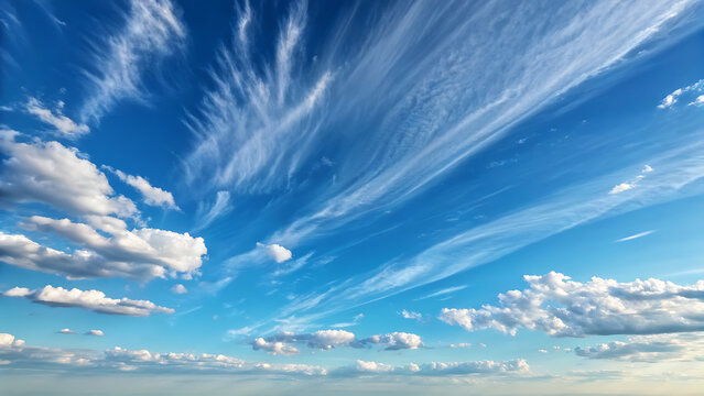 Dramatic wispy cirrus clouds stretching across a vibrant blue sky