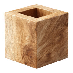 A square, wooden block with a hollowed-out top, featuring detailed wood grain