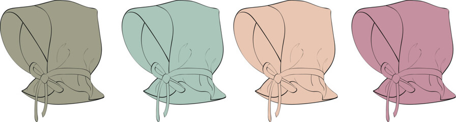 Four colored fashion bonnet illustrations Classic headwear design for historical or vintage projects