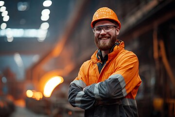Smiling factory worker in safety gear looking at camera