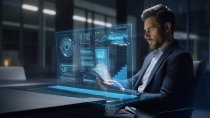 Businessman using smartphone with virtual hologram data projection, dark office background, blue glow effects - Powered by Adobe
