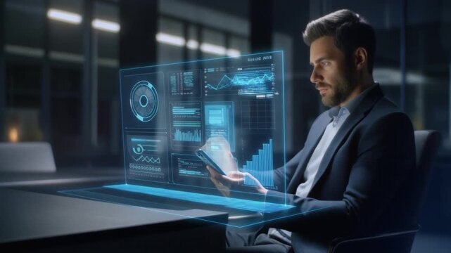 Businessman using smartphone with virtual hologram data projection, dark office background, blue glow effects - Powered by Adobe