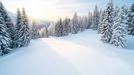 Snow covered trees, winter landscape, serene atmosphere, sunlight shining
