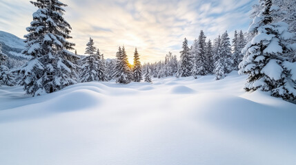 Obraz premium Snowy landscape with evergreen trees and sunrise in background creates serene atmosphere
