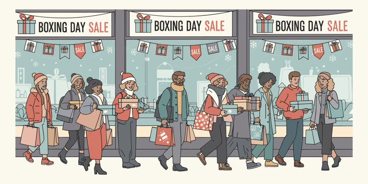 Crowd of Shoppers on Boxing Day A Winter Shopping Spree Amidst Festive Decorations