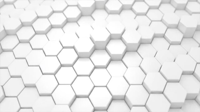 Abstract 3D rendering featuring a repeating pattern of white hexagonal tiles with variations in height