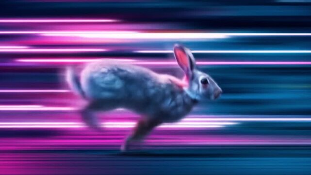 Swift rabbit sprinting through neon pink-blue streaks, blurred motion, electric twilight under neon