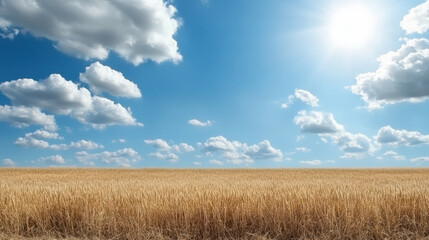 Obraz premium Golden wheat field under bright blue sky with soft clouds, creating peaceful atmosphere