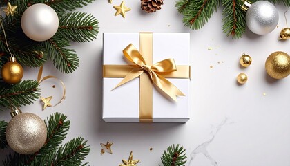 Christmas Gift Box Surrounded by Ornaments, Pine Branches, and Festive Decorations for Holidays