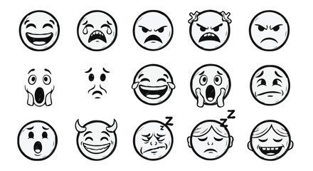 Set of 15 Black and White Cartoon Emoticon Faces – Expressive Emotion Icons