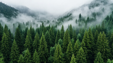 Fototapeta premium Lush green forest enveloped in soft fog, creating serene and peaceful atmosphere