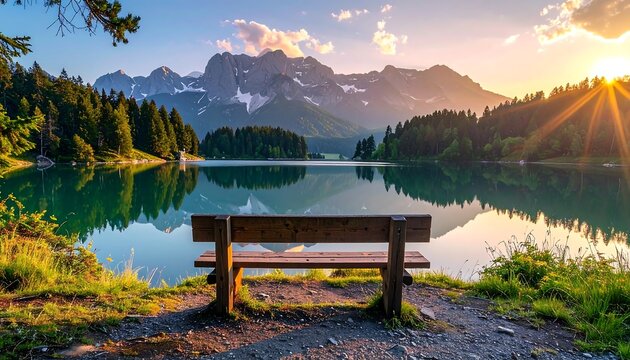 A bench overlooks a still lake reflecting mountains and trees at sunset, bathed in golden light