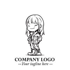 Black and White Chibi Girl Standing in Jacket, Pants, and Boots. Simple Bold Vector Illustration