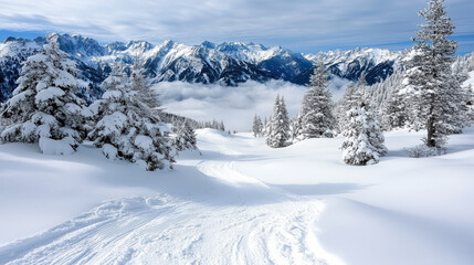 Snowy landscape with mountains and trees, creating serene winter scene. Soft fog blankets valley