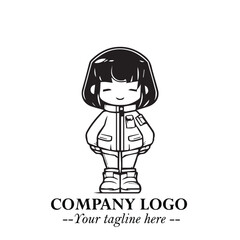 Black and White Chibi Girl Standing in Jacket, Pants, and Boots. Simple Bold Vector Illustration