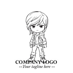 Black and White Chibi Girl Standing in Jacket, Pants, and Boots. Simple Bold Vector Illustration