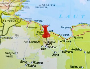View of Mount Waddan, Libya, on a geographical map of Africa, marked with red pushpin