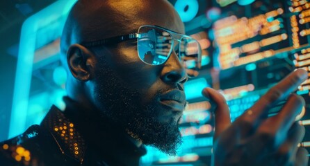 Visionary Navigator: A focused individual, adorned in stylish eyewear, navigates through a complex digital interface, signifying intelligence and technological mastery.