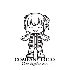 Black and White Chibi Girl Standing in Jacket, Pants, and Boots. Simple Bold Vector Illustration