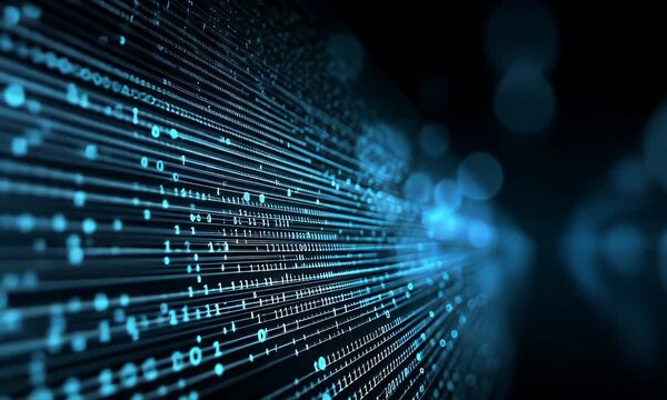 Abstract digital stream of glowing blue binary code data flowing through dark space with bokeh light effects representing information transfer and technology