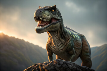 Tyrannosaurus Rex dinosaur standing on a rocky outcrop at sunset