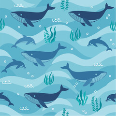 Obraz premium Seamless vector pattern showing whales, dolphins, waves, and sea plants wallpaper