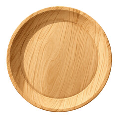 A round, wooden plate seen from directly above, with a slightly raised rim and realistic wood grain texture