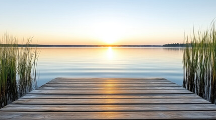 Fototapeta premium Serene lake view at sunrise with wooden dock and tall grass reflecting soft morning light