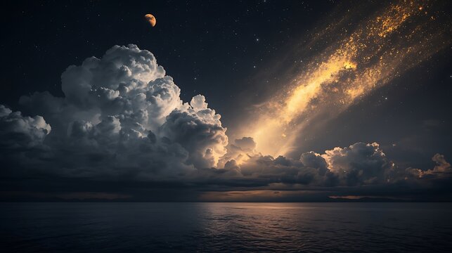 Night ocean view with dramatic clouds and a celestial glow under a crescent moon in the sky