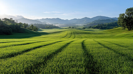 Fototapeta premium Lush green fields stretch across rolling hills under clear blue sky, creating serene landscape