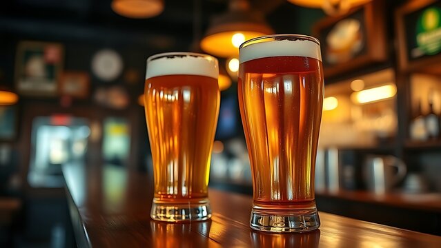 hangout. Two beer glasses on a wooden bar counter with warm lighting and a blurred tavern background. bar promotions, beverage menus, designed for food & beverage menus and cafe branding.