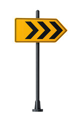 A yellow road sign with black chevrons indicating a right turn, mounted on a gray metal post