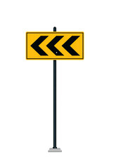 A yellow road sign displaying the direction of sharp turns ahead, mounted on a pole