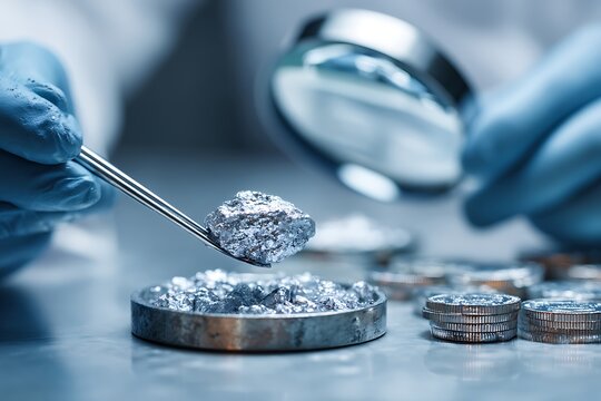 Scientist analyzing valuable metal ore with tweezers