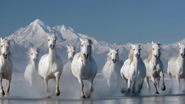 Eight white horses gallop across snow with distant alpine peaks under a clear blue sky. cold breath