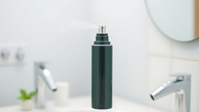algicide. A deodorant spray bottle releasing a fresh mint-green mist in a clean bathroom setting. lifestyle magazines, social media lookbooks, designed for influencer and brand collaborations.