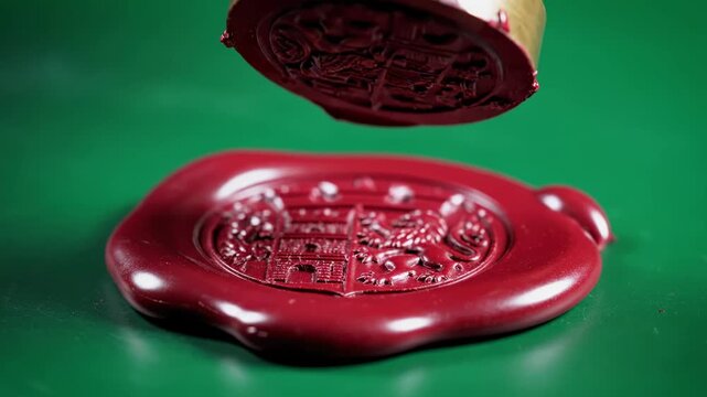 A close-up of a seal being pressed into wax on a green surface