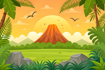 Volcano Eruption in a Lush Prehistoric Jungle landscape