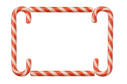 Candy cane christmas frame creating a festive holiday border. Striped peppermint dessert sweet food with transparent background