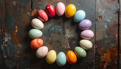 Colorful Easter eggs arranged in a circle on a textured, rustic wooden surface
