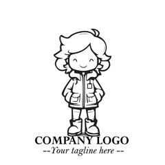 Obraz premium Black and White Chibi Girl Standing in Jacket, Pants, and Boots. Simple Bold Vector Illustration