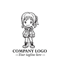 Black and White Chibi Girl Standing in Jacket, Pants, and Boots. Simple Bold Vector Illustration