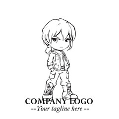 Black and White Chibi Girl Standing in Jacket, Pants, and Boots. Simple Bold Vector Illustration