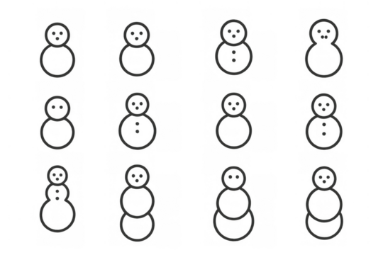 Snowman outline pattern on transparent background, forming a winter holidays decorative illustration with various simple characters