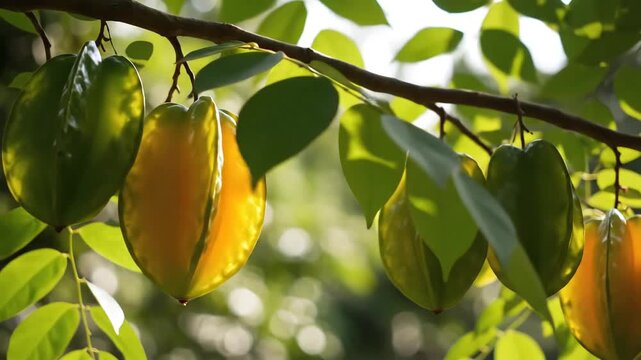 Ripe Star Fruit Hanging on a Tree Branch in Sunlight.