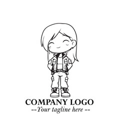 Black and White Chibi Girl Standing in Jacket, Pants, and Boots. Simple Bold Vector Illustration
