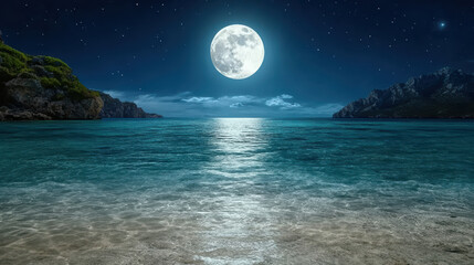 Serene moonlit beach scene with bright full moon illuminating calm ocean waters. tranquil